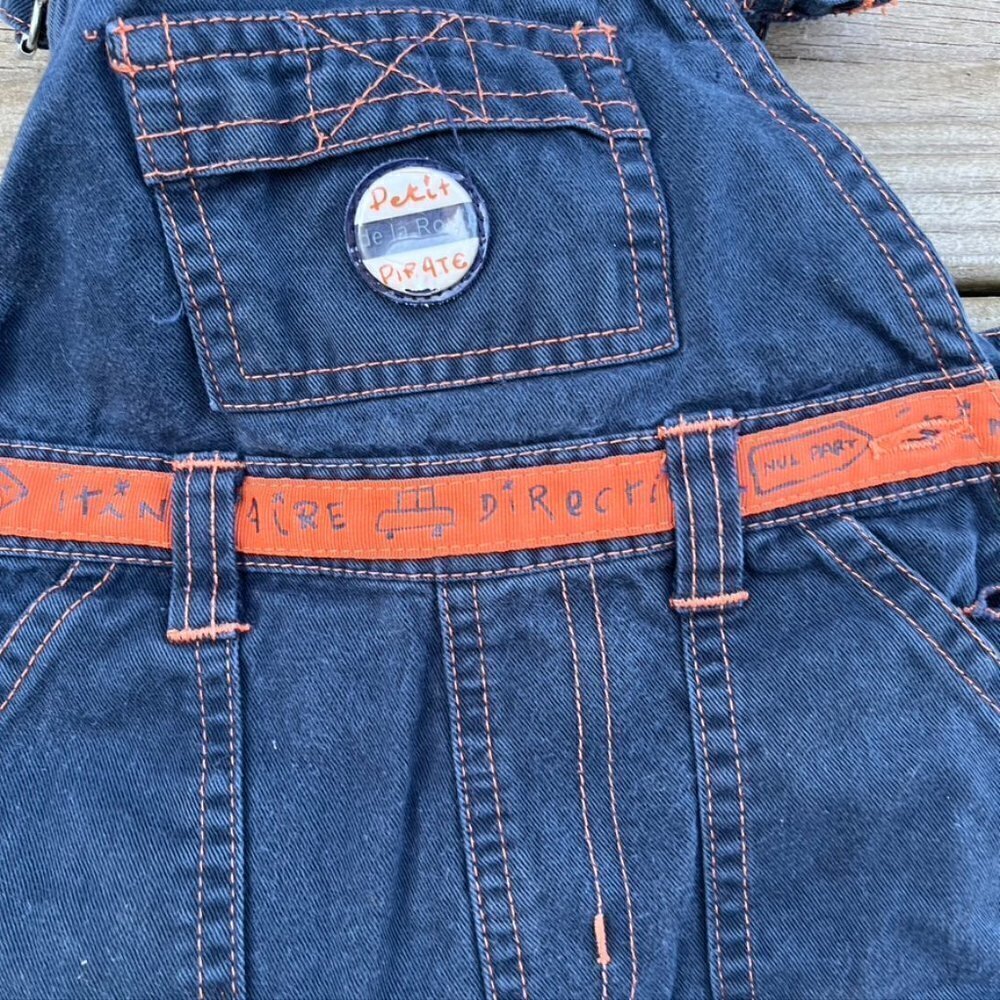 Petit Pirate 18m Boys Summer Pirate Navy Blue Orange Overalls - Picture 6 of 9